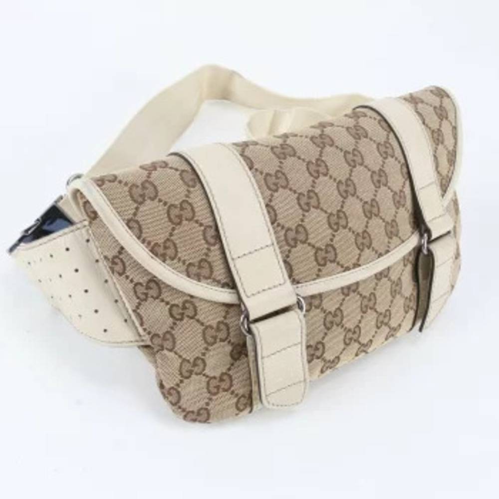 Gucci GG Canvas Body Bag Waist Pouch Control Card White Brown